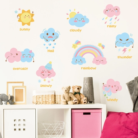 Cartoon Wetter Wandaufkleber Für Kinderzimmer Kindergarten Deko Regenbogen Sonne Wolke Regen PVC Wasserdicht Wandtattoo