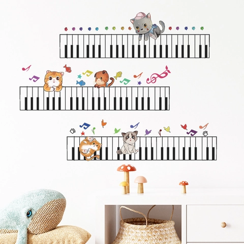 Cartoon Cat Piano Keys Wall Sticker PVC Musical Note Animals Decal For Kids Room Bedroom Home Decoration