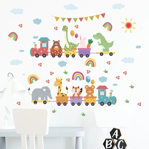 Pegatinas de Pared de Tren de Animales de Dibujos Animados para Niños PVC Autoadhesivo Dinosaurio Elefante Jirafa Arcoíris