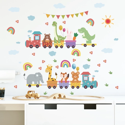 Pegatinas de Pared de Tren de Animales de Dibujos Animados para Niños PVC Autoadhesivo Dinosaurio Elefante Jirafa Arcoíris