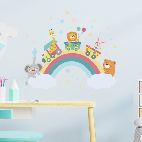 Cartoon Animals Rainbow Train Wall Stickers For Kids Bedroom Nursery Decor PVC Self-Adhesive Removable Mural Wallpaper