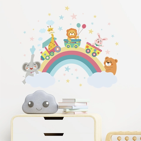 Cartoon Animals Rainbow Train Wall Stickers For Kids Bedroom Nursery Decor PVC Self-Adhesive Removable Mural Wallpaper