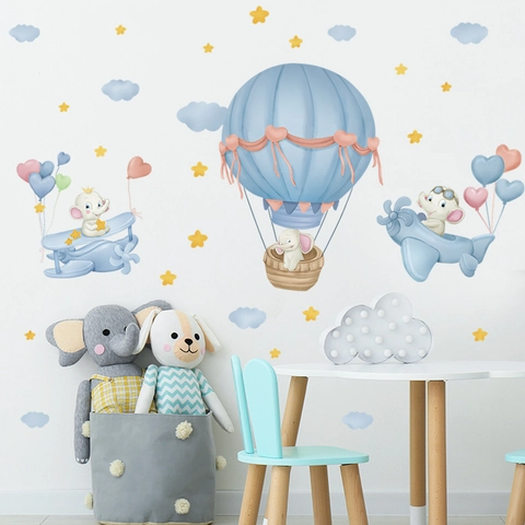Cartoon Elephant Hot Air Balloon Airplane Wall Stickers For Kids Room Nursery Home Decor PVC DIY Self Adhesive Wall Decals