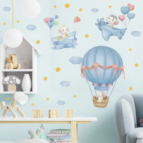 Cartoon Elephant Hot Air Balloon Airplane Wall Stickers For Kids Room Nursery Home Decor PVC DIY Self Adhesive Wall Decals