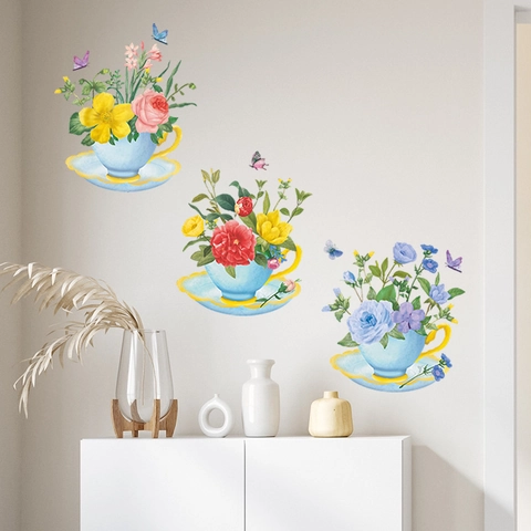 Pastoral Watercolor Floral Tea Cups Wall Stickers PVC Self-Adhesive Flower Butterfly Home Decor For Living Room Bedroom