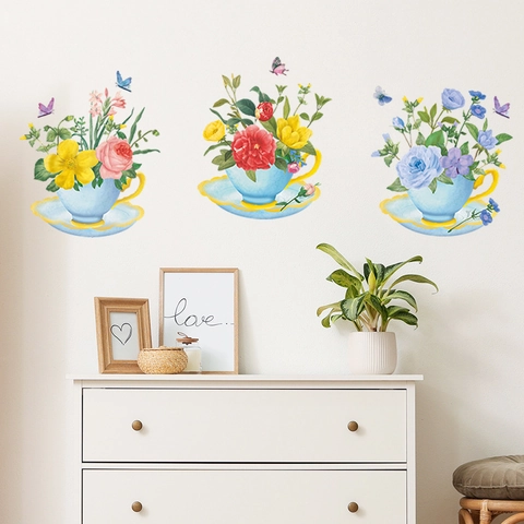Pastoral Watercolor Floral Tea Cups Wall Stickers PVC Self-Adhesive Flower Butterfly Home Decor For Living Room Bedroom