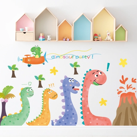Pegatinas de Pared de Fiesta de Dinosaurios para Habitación Niños Decoración Autoadhesiva PVC Animales Palmera Volcán