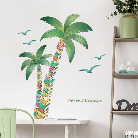 Kreative Wissen Baum Wandsticker Mit Bücher Palmbaum Und Vögel Muster Für Wohnzimmer Schlafzimmer Büro Dekor