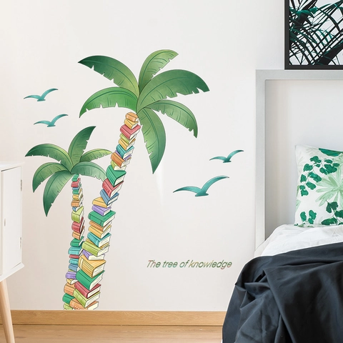 Kreative Wissen Baum Wandsticker Mit Bücher Palmbaum Und Vögel Muster Für Wohnzimmer Schlafzimmer Büro Dekor