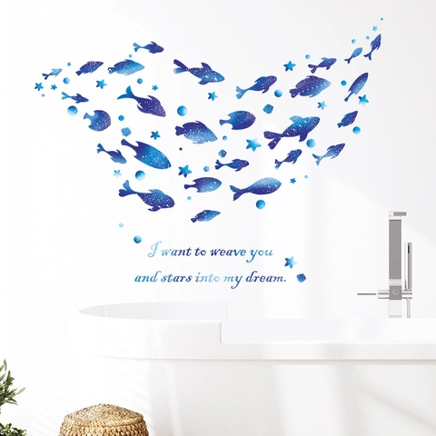 Starry Sky Fish PVC Wall Stickers Blue Gradient Whale Decals Dream Quote For Living Room Bedroom Bathroom Decor