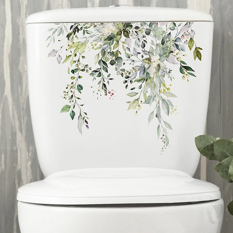 Tropical Green Plant Leaves Toilet Stickers Self Adhesive PVC Watercolor Eucalyptus Flower Bathroom Wall Decal Home Decor