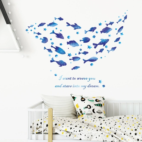 Starry Sky Fish PVC Wall Stickers Blue Gradient Whale Decals Dream Quote For Living Room Bedroom Bathroom Decor