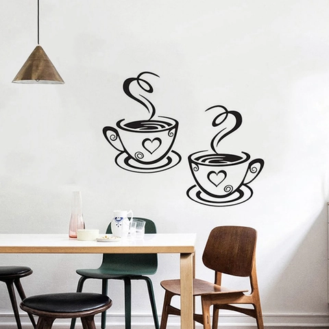 Adesivo da Parete Creativo a Forma di Tazza di Caffè con Cuore in PVC Rimovibile per Cucina Sala da Pranzo Bar