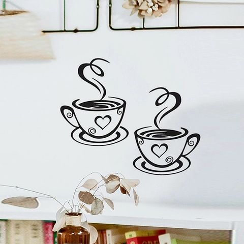 Adesivo da Parete Creativo a Forma di Tazza di Caffè con Cuore in PVC Rimovibile per Cucina Sala da Pranzo Bar