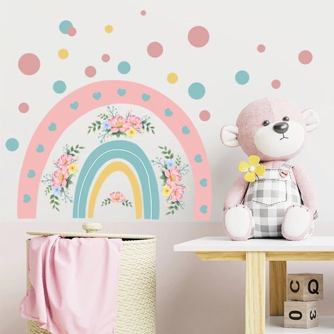 Adesivi Murali Cartone Animato Arcobaleno Fiori Macaron PVC Autoadesivi per Cameretta Bambini Camera da Letto Soggiorno