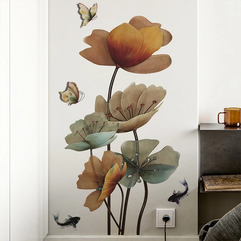 Vinilo de Pared de Loto Carpa Koi Estilo Zen PVC Chino Artístico Floral Mariposa Decoración para Dormitorio Sala de Estar Hogar