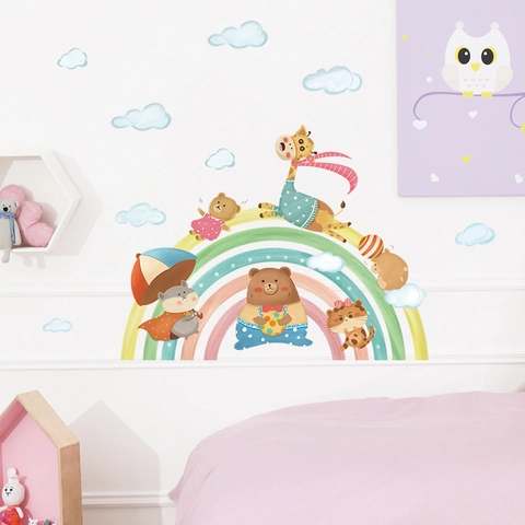 Adesivi Murali con Animali dei Cartoni Animati Arcobaleno Mongolfiera per Cameretta Bambini Home Decor PVC Acquerello Orso Volpe