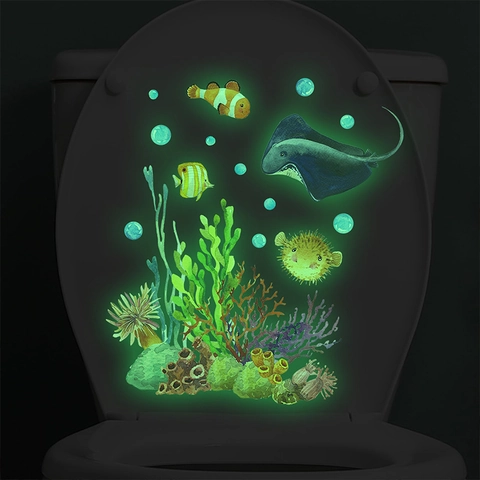 Pegatinas De Inodoro Luminosas Mundo Marino PVC Brilla En La Oscuridad Calcomanías De Pared Para Decoración Del Hogar Baño Patrón Animales Marinos