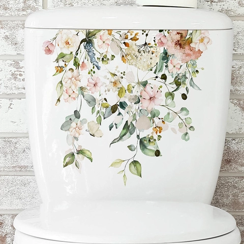 Aquarell Blumen Toilettenaufkleber Wasserdichtes PVC Rosa Blume Grünes Blatt Schmetterling Wandtattoo Für Badezimmer Home Dekor