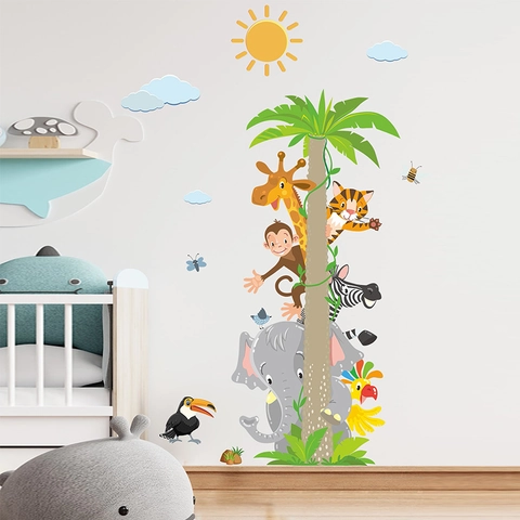 Cartoon Jungle Animals Palm Tree Wall Stickers Removable PVC Decals For Kids Bedroom Nursery Home Wall Decor