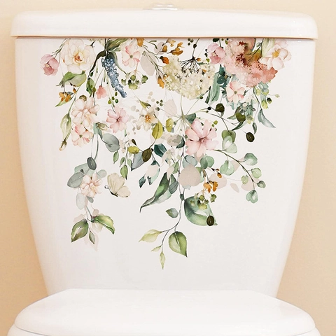Aquarell Blumen Toilettenaufkleber Wasserdichtes PVC Rosa Blume Grünes Blatt Schmetterling Wandtattoo Für Badezimmer Home Dekor