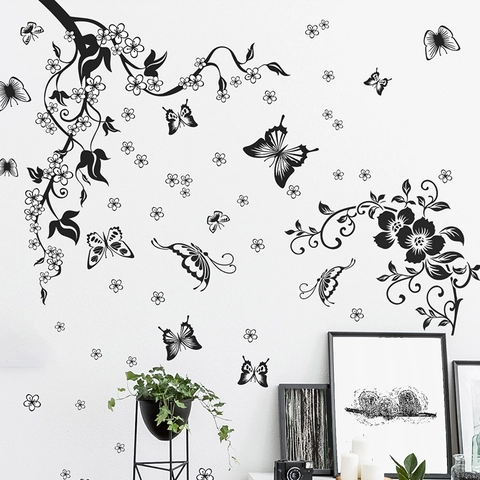 Sticker Mural Moderne Minimaliste Noir Papillon Vigne à Fleurs PVC Autocollant DIY Décoration Maison pour Salon Chambre à Coucher