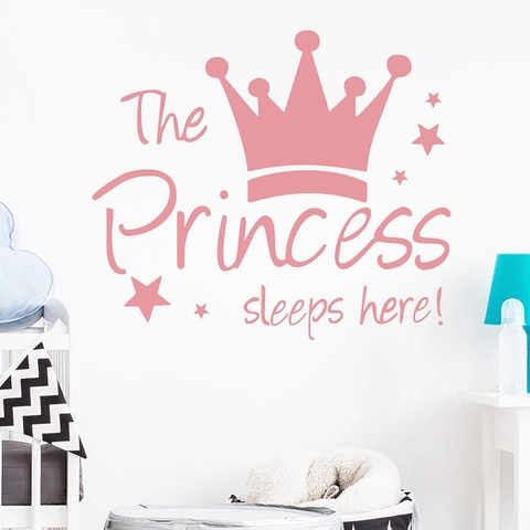 The Princess Sleeps Here Krone Sterne PVC Wandtattoo Dekorative Wasserdichte Aufkleber Für Mädchen Schlafzimmer Modern Home Decor