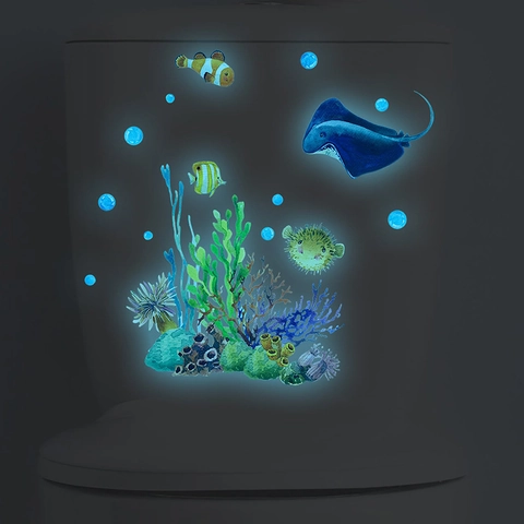 Pegatina de Inodoro de Mundo Submarino Que Brilla en la Oscuridad Peces Coral Océano PVC Calcomanía de Pared para Baño