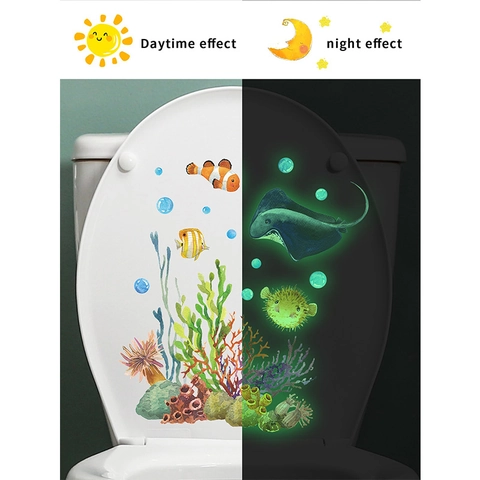 Pegatinas De Inodoro Luminosas Mundo Marino PVC Brilla En La Oscuridad Calcomanías De Pared Para Decoración Del Hogar Baño Patrón Animales Marinos