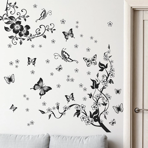 Sticker Mural Moderne Minimaliste Noir Papillon Vigne à Fleurs PVC Autocollant DIY Décoration Maison pour Salon Chambre à Coucher