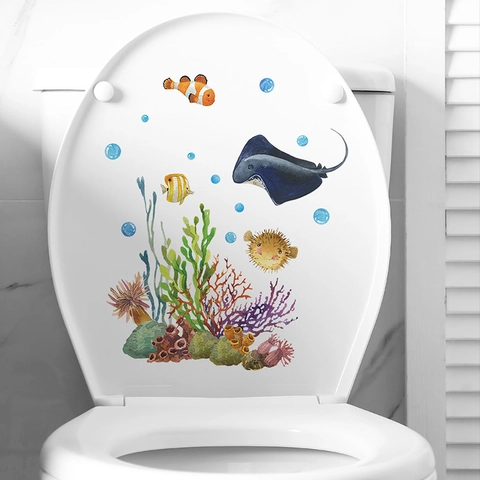 Pegatina de Inodoro de Mundo Submarino Que Brilla en la Oscuridad Peces Coral Océano PVC Calcomanía de Pared para Baño