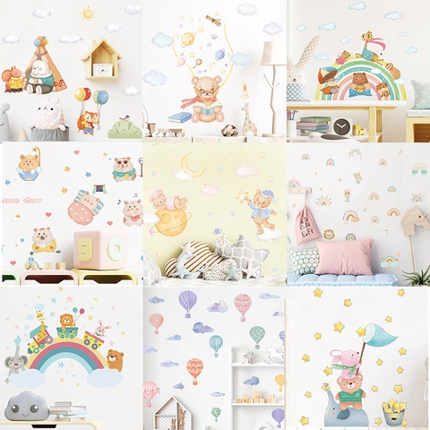 Adesivi Murali con Animali dei Cartoni Animati Arcobaleno Mongolfiera per Cameretta Bambini Home Decor PVC Acquerello Orso Volpe