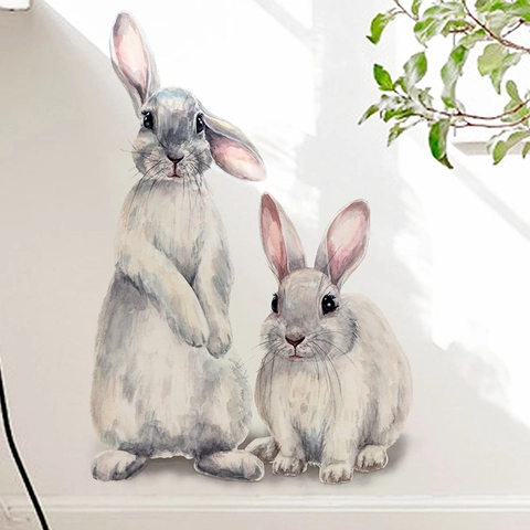 Autocollants Muraux Lapin Aquarelle Moderne Minimaliste Stickers en PVC Amovible Pour Chambre d'Enfant Salon Décoration