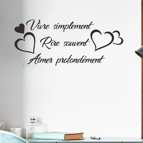 French Slogan Vivre Simplement Rire Souvent Aimer Profondément Wall Sticker Black PVC Heart Decal For Living Room Home Decor