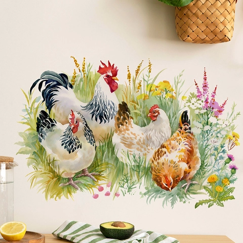 Pastoral Watercolor Chicken Wall Stickers Self Adhesive PVC Rooster Hen Floral Grass Decal For Kitchen Home Decor