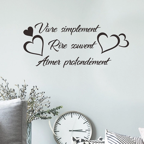 French Slogan Vivre Simplement Rire Souvent Aimer Profondément Wall Sticker Black PVC Heart Decal For Living Room Home Decor