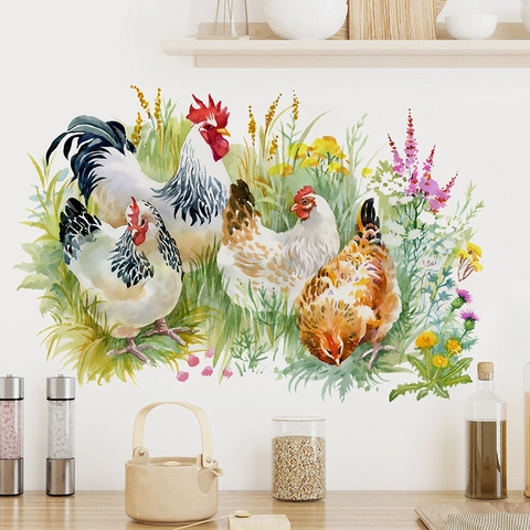 Pastoral Watercolor Chicken Wall Stickers Self Adhesive PVC Rooster Hen Floral Grass Decal For Kitchen Home Decor