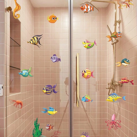 Cartoon Ocean World Fish Wall Stickers Colorful Marine Life PVC Self Adhesive Decals For Kids Room Bathroom Home Decor