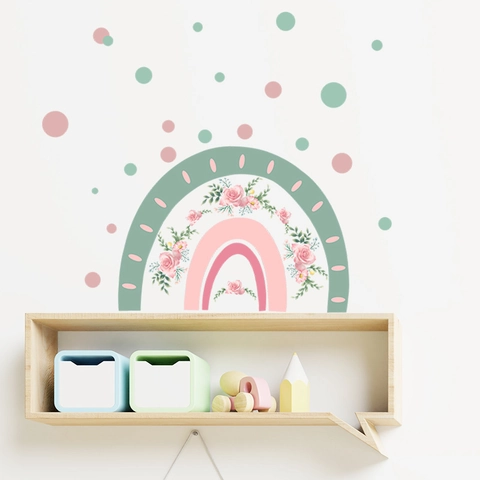 Cartoon Regenboog Bloem Muurstickers PVC Roze Roos Florale Decals Voor Kinderkamer Babykamer Slaapkamer Woonkamer Woondecoratie