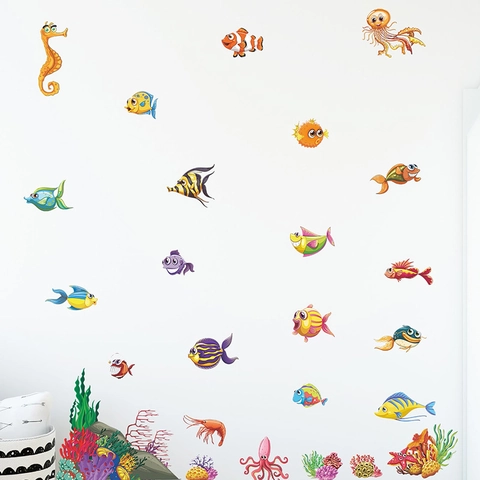 Cartoon Ocean World Fish Wall Stickers Colorful Marine Life PVC Self Adhesive Decals For Kids Room Bathroom Home Decor
