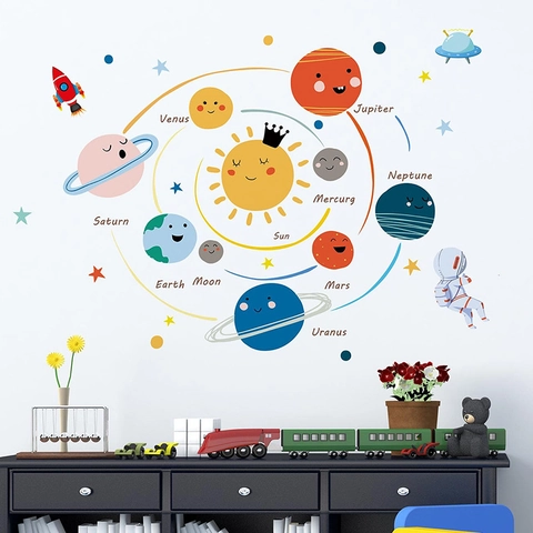 Cartoon Solar System Wall Stickers For Kids Room Decor PVC Removable Planets Astronaut Rocket Educational Home Wall Decals