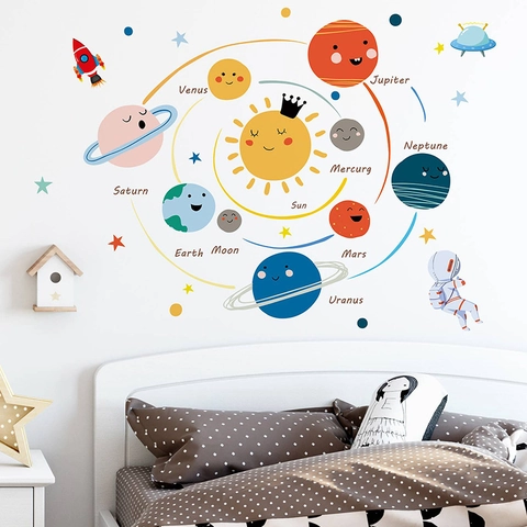Cartoon Solar System Wall Stickers For Kids Room Decor PVC Removable Planets Astronaut Rocket Educational Home Wall Decals