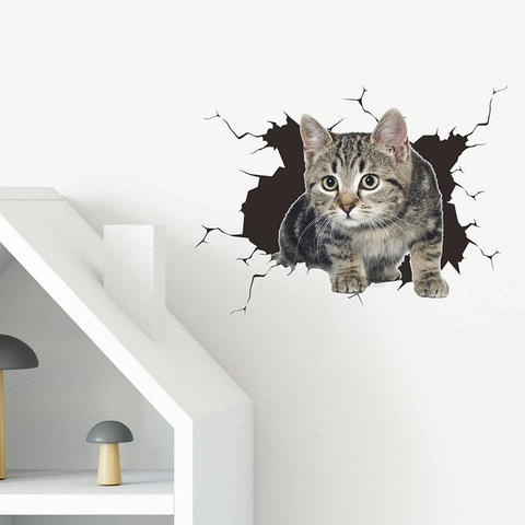 Pegatina de Pared Gato 3D Creativa Calcomanía de Gato en Pared Rota Realista Para Habitación de Niños Sala Decoración PVC