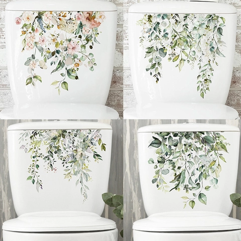 Tropical Green Plant Leaves Toilet Stickers Self Adhesive PVC Watercolor Eucalyptus Flower Bathroom Wall Decal Home Decor