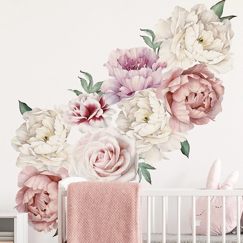 Aquarell Pfingstrose Blume Wandaufkleber PVC Selbstklebend Floral Decals Für Schlafzimmer Wohnzimmer Kinderzimmer Kunst Mural