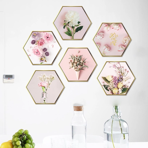 Hexagon Rosa Blumen Wandaufkleber Pfingstrose Tulpe Muster PVC Abnehmbare Wandtattoos Für Wohnzimmer Schlafzimmer Home Dekor