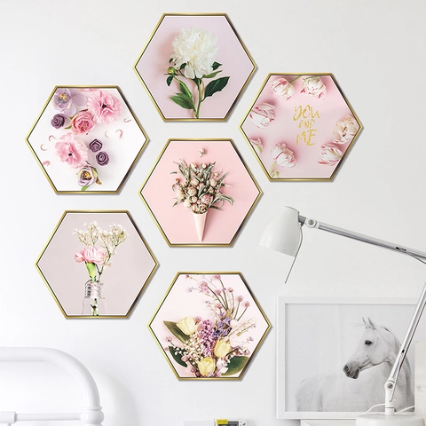 Hexagon Rosa Blumen Wandaufkleber Pfingstrose Tulpe Muster PVC Abnehmbare Wandtattoos Für Wohnzimmer Schlafzimmer Home Dekor