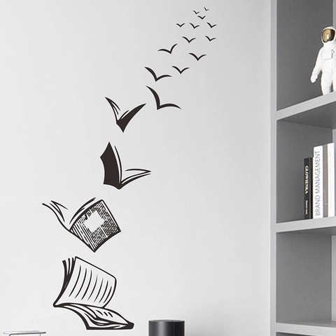 Pegatina de Pared Creativa Libros Volando en Pájaros Negro PVC Autoadhesivo Silueta Mural para Sala de Estar Estudio Hogar