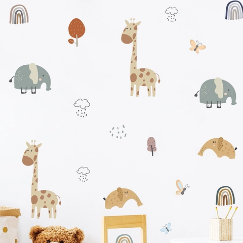 Cartoon Animal Wall Stickers For Kids Room Nursery Decor PVC Giraffe Elephant Rainbow Boho Removable DIY Home Wall Decals