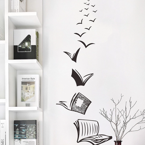 Pegatina de Pared Creativa Libros Volando en Pájaros Negro PVC Autoadhesivo Silueta Mural para Sala de Estar Estudio Hogar